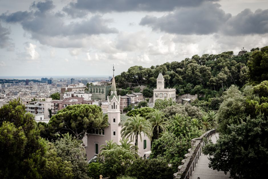 Vegetación exuberante y vistas panorámicas de la ciudad desde el Parque Güell, Barcelona.