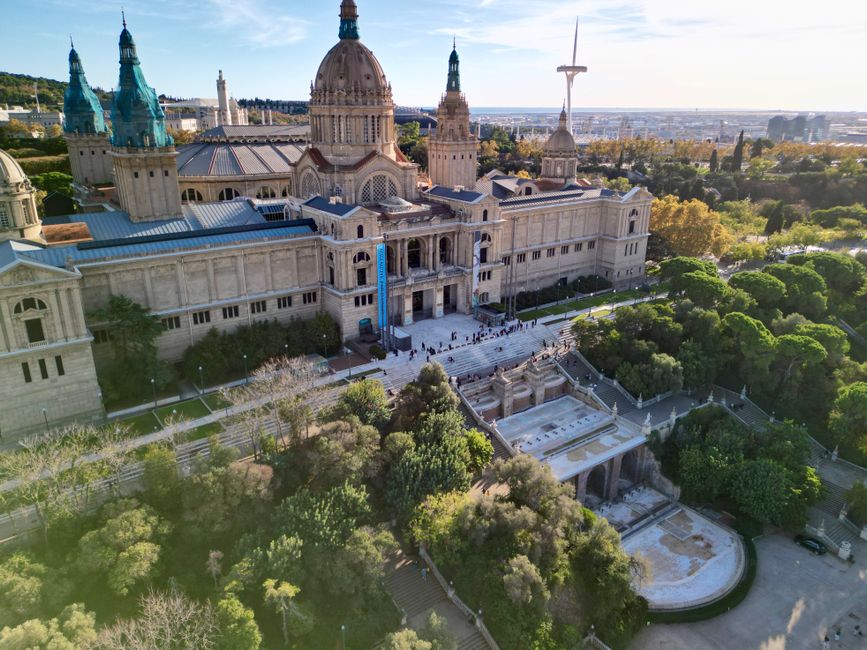 Foto aérea del Palacio Nacional en Montjuïc, Barcelona, rodeado de vegetación exuberante.