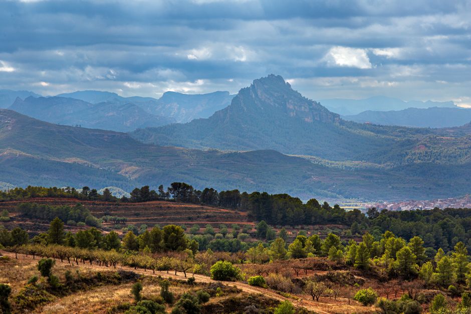 Vista escénica del terreno accidentado de Cataluña con vegetación exuberante y cumbres imponentes bajo un cielo nublado.