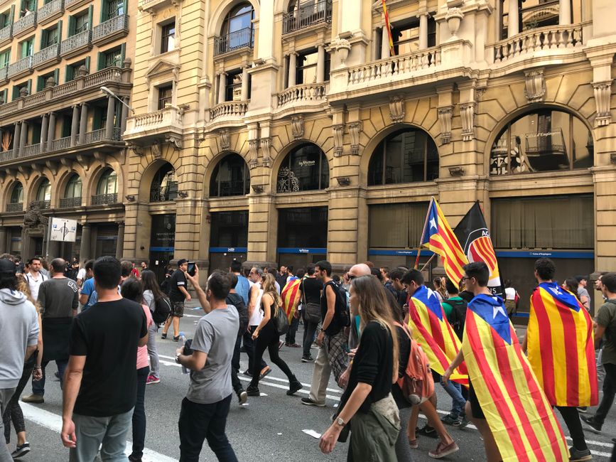 Los manifestantes marchan con banderas catalanas en Barcelona, enfatizando el activismo por la independencia.
