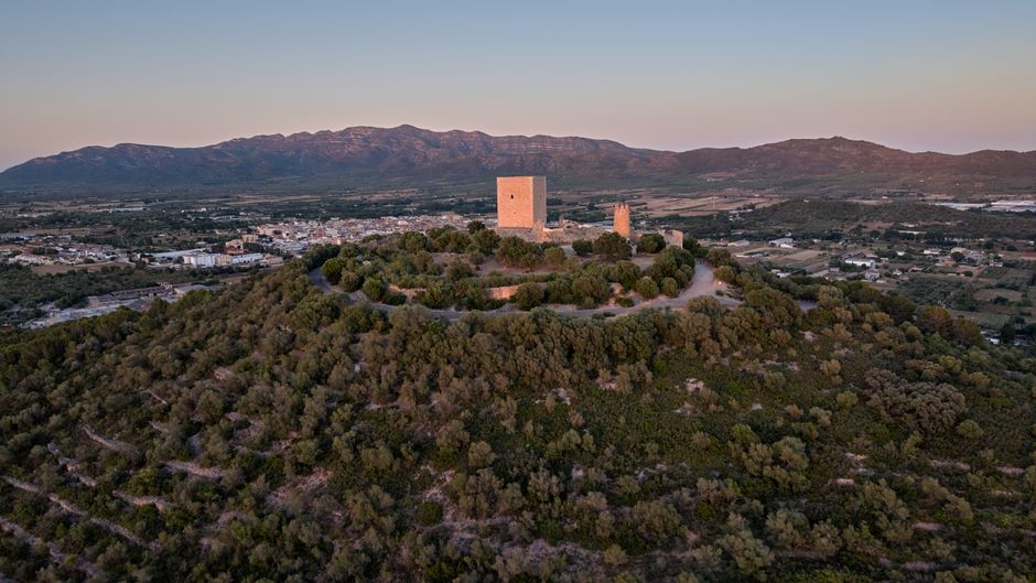 Vista aérea del castillo medieval de Ulldecona rodeado de exuberante vegetación al atardecer en Catalunya, España.