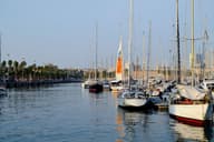 Vista escénica de veleros en la marina del Port Vell de Barcelona con el horizonte de la ciudad al fondo.