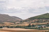 Vista idílica de las colinas ondulantes y tierras de cultivo de Jendouba bajo un cielo nublado.